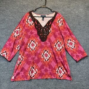 Karen Scott‎ Woman Top 3X Plus Multi Colored 3/4 Sleeve Crochet V-Neck Colorful